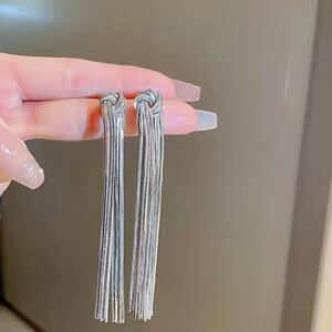 Silver Knotted Long Tassel Statement Earring